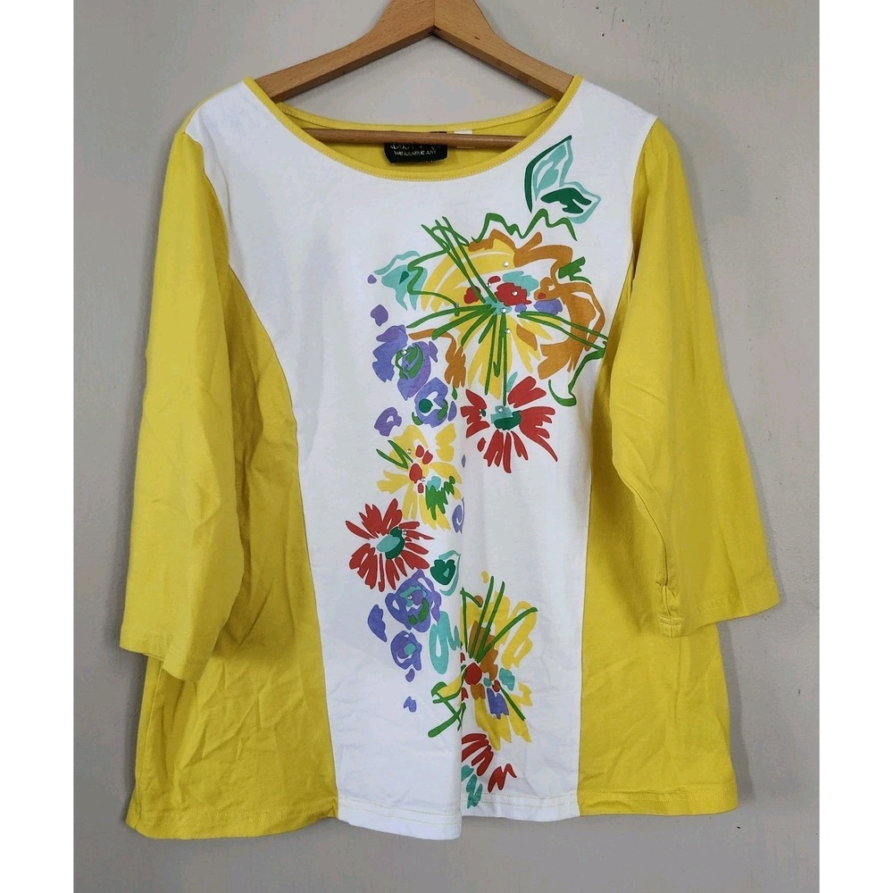Bob Mackie Wearable Art Womens 1X Yellow Floral Rhinestone Accent Top Shirt - Picture 1 of 4